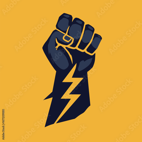 A bold illustration features a clenched fist with lightning bolts emanating from its arm. The dynamic design represents strength and resilience against a vibrant yellow backdrop.