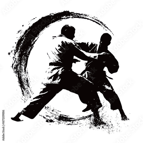 Two martial artists practice their skills in a striking combat position, showcasing powerful techniques and focus. The circular design behind them adds a sense of movement and energy.