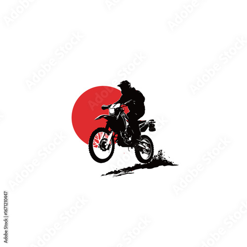 A skilled dirt biker executes an impressive jump, silhouetted against a bright red sun. The action captures the thrill of motocross in a dynamic and energetic manner.