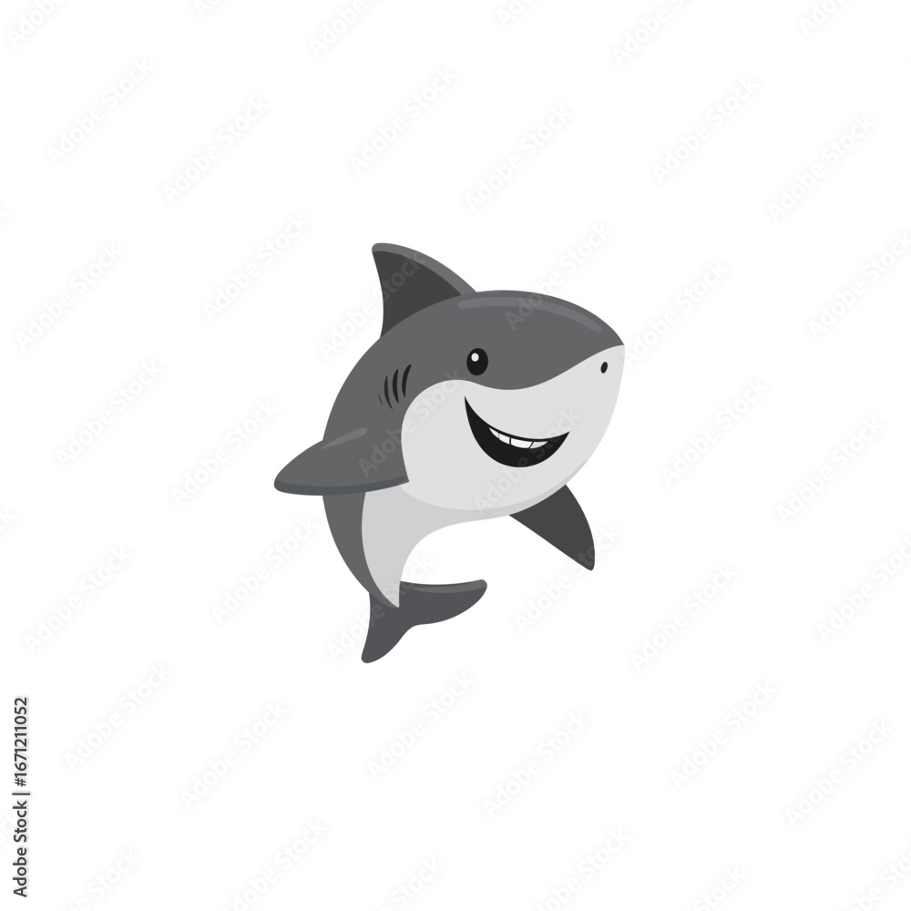Naklejka premium A cheerful cartoon shark swims joyfully, showcasing a big smile. The character has a sleek design and lively expression, set against a light grey backdrop.