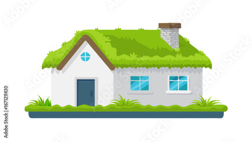 Charming eco-friendly cottage with lush green sod roof and quaint windows, embodying sustainable living and natural harmony for a serene retreat.