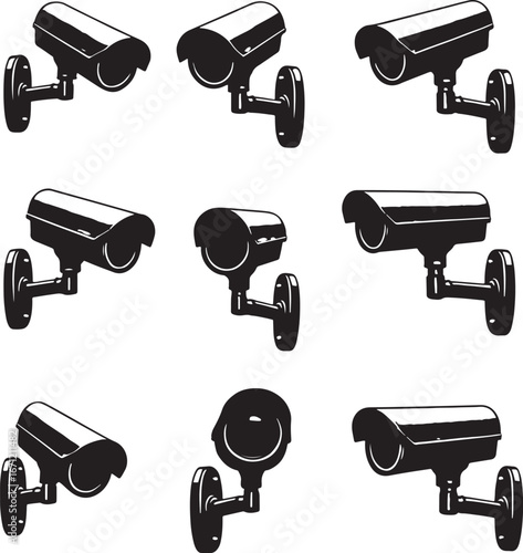 Security Camera Vector Icon Set – Black CCTV Surveillance Illustrations