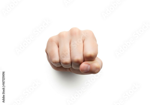 Close up of a human fist punching forward against a white background