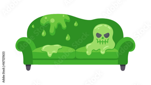 Spooky green slime monster oozing over a comfortable couch creating a playful, Halloween-themed scene perfect for festive decorations and party invitations