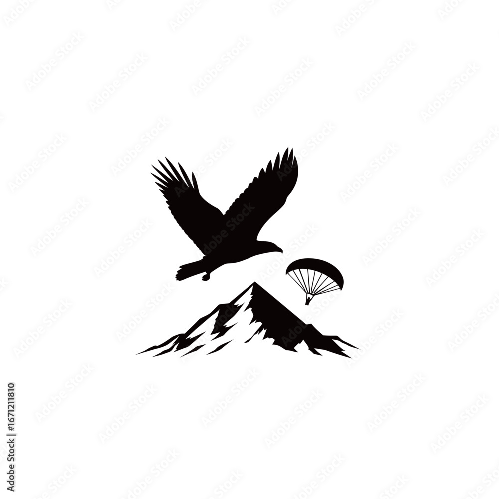 Fototapeta premium An eagle flies majestically above a snow-capped mountain, while a parachutist descends gracefully from the sky, showcasing the beauty of nature and adventure.