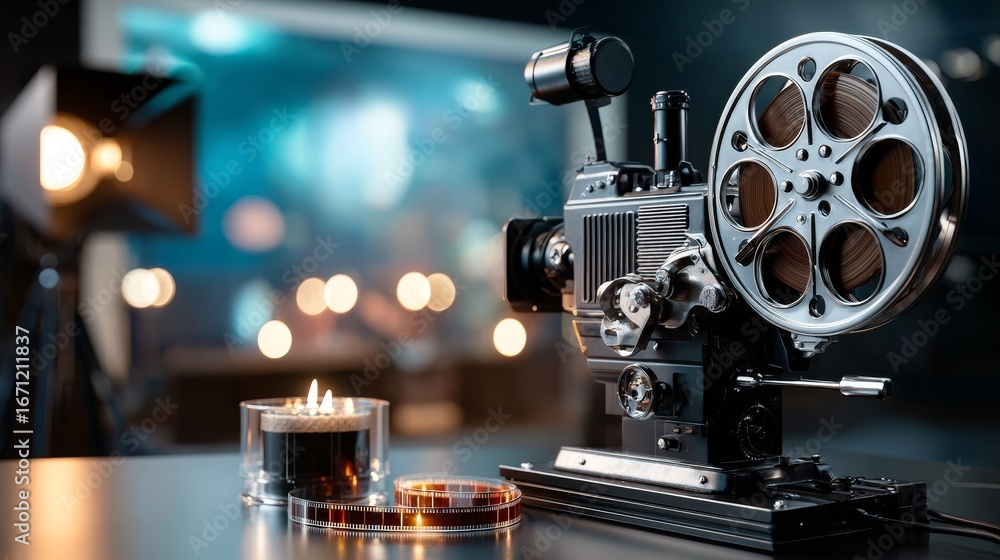 Fototapeta premium Vintage film projector with film reels in retro cinema setting