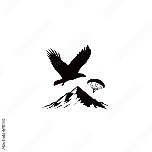 An eagle flies majestically above a snow-capped mountain, while a parachutist descends gracefully from the sky, showcasing the beauty of nature and adventure.