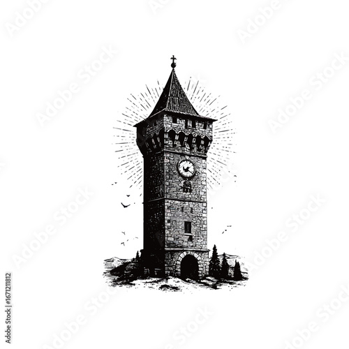 A tall, historic clock tower stands prominently in a serene landscape, decorated with lush trees and birds in flight. The sun illuminates the structure, creating a captivating atmosphere.