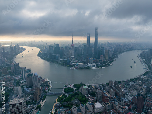 Panorama of Shanghai Oriental Pearl TV Tower and Lujiazui Three-Piece Set at dawn