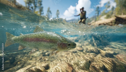 A trout swims in clear, shallow river water.  Fisherman visible above water.  Sunny day