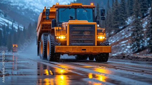 Heavy dump truck construction vehicle orange wet road mountain forest winter industrial transportation reflection evening headlights rugged overcast