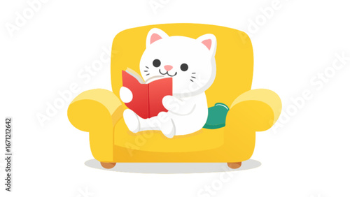Adorable white cat relaxes comfortably on a bright yellow armchair, engrossed in reading a red book, creating a cozy and heartwarming scene of leisure and learning.