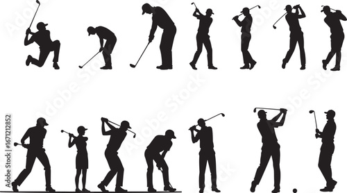 Golf Swing Silhouette Icons Set. Golfer Vector Illustration Isolated on White Background