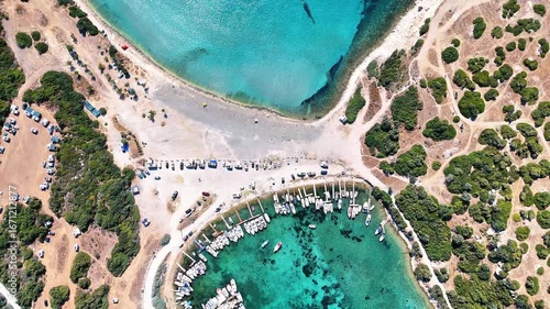 4K video of Demircili Bay with its turquoise beaches and magnificent peninsula in Urla. Izmir, Turkiye.