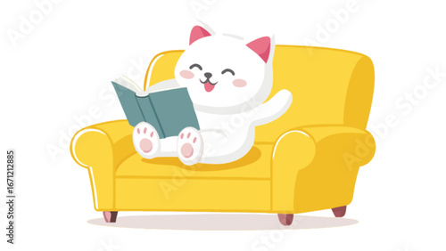 Joyful white cat happily reading a book while relaxing on a cozy yellow armchair, evoking feelings of comfort, learning, and leisure time.