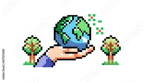 Pixel art hand cradles planet Earth surrounded by vibrant trees and green leaves, symbolizing environmental care and global sustainability efforts.