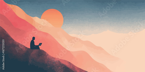 A person is seated on a hillside, focused on their laptop while a stunning sunset casts vibrant colors across the sky and mountains. The serene atmosphere encourages creativity and tranquility.