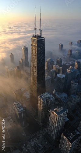 Aerial view of a skyscraper, city skyline, and fog.  A tall, dark skyscraper dominates the center, rising above a misty cityscape.