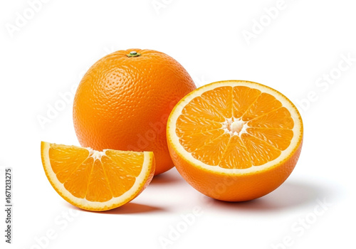 Fresh oranges whole halved and sliced on white background
