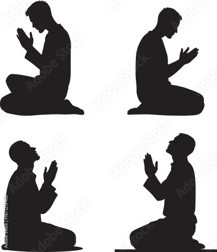 Man Praying Silhouette Icons Set. Worship and Prayer Vector Illustration Isolated on White Background