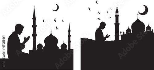 Islamic Prayer Silhouettes – Mosque and Worship Vector Illustrations Isolate on White Background 