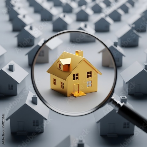 Magnifying glass focusing on a golden house among many gray houses representing real estate search and selection