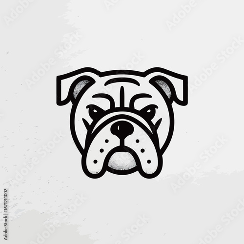 This illustration showcases a stylized bulldog face defined by strong lines and an expressive, grumpy demeanor against a light backdrop, emphasizing its unique characteristics.
