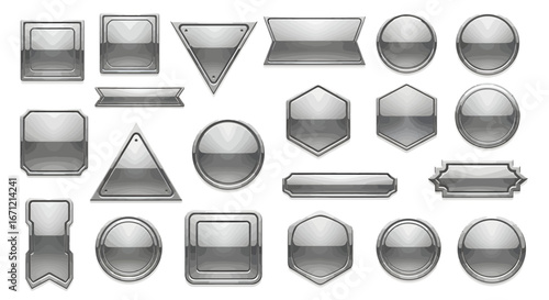 Collection of diverse metallic UI buttons and badges offering sleek, modern design elements for digital interfaces and branding