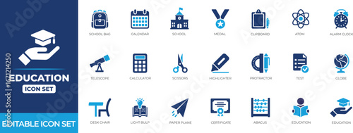 Education icon set. Certificate, Abacus, Education, Medal, and Protractor solid icon collection.