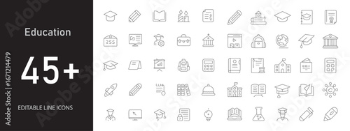 Education icon set. Containing books, graduation cap, online class, certificate, school building, student, teacher, backpack, exam paper, whiteboard, and more. Editable line icons