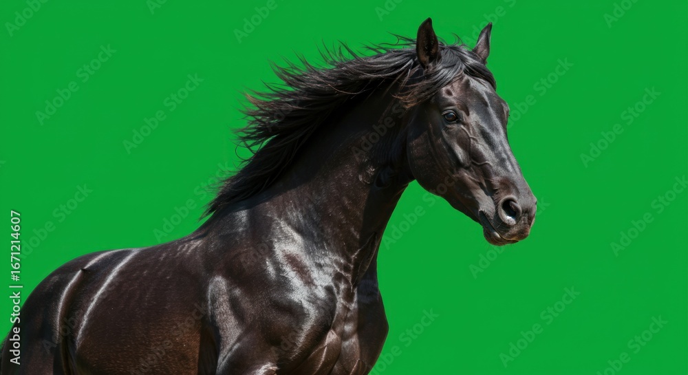 Fototapeta premium Majestic Black Horse Against Green Backdrop, Flowing Mane, Powerful Presence.