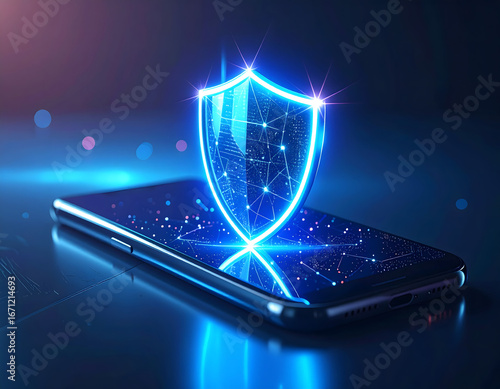 Digital Shield: This striking visual captures the essence of digital security. A glowing shield, intricately detailed with lines of code, hovers protectively over a sleek smartphone.