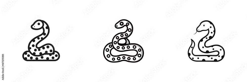 Fototapeta premium Various representations of snakes, showcasing different patterns and designs. Each snake features a distinct style, highlighting their unique characteristics in minimalist art.