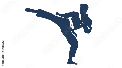A martial artist executes a high kick in a traditional uniform during a focused training session inside a dojo. The dedication and precise technique reflect years of practice.