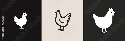 Three chicken illustrations display a variety of artistic styles. The first is a solid silhouette, the second features an outline design, and the third has a modern twist.