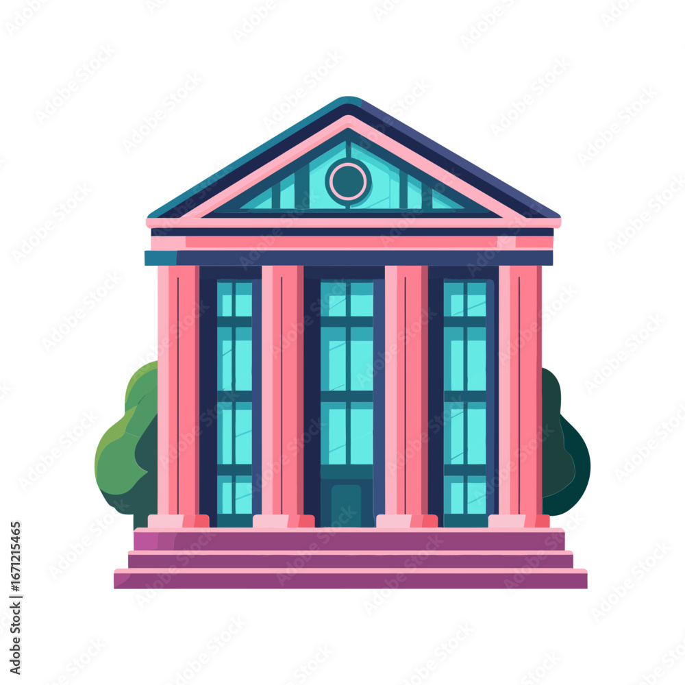 Obraz premium A vibrant, cartoon-style illustration of a neoclassical building with columns and steps. This image is perfect for websites and blogs about banking, finance, government, or education.