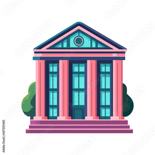 A vibrant, cartoon-style illustration of a neoclassical building with columns and steps. This image is perfect for websites and blogs about banking, finance, government, or education.

