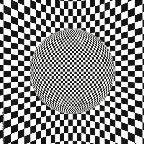 Dynamic optical illusion sphere distorts checkered pattern creating captivating visual perception art