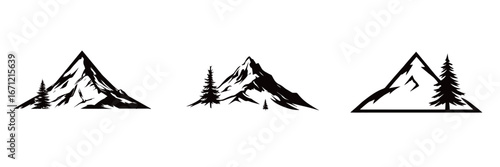 Three distinct mountain silhouettes showcase various shapes and sizes, complemented by tall trees. The simplistic black and white style emphasizes natural beauty and elegance.