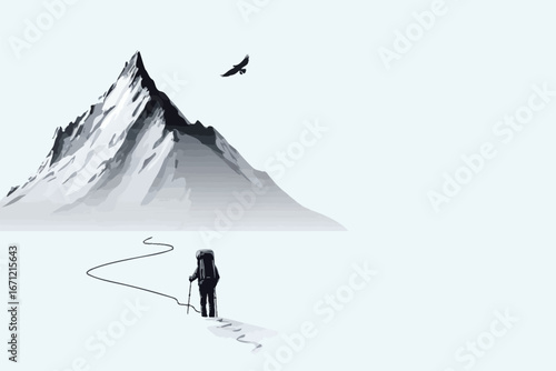 A lone hiker makes their way along a winding path towards a towering mountain covered in snow. An eagle flies overhead, adding to the serene atmosphere of the moment.