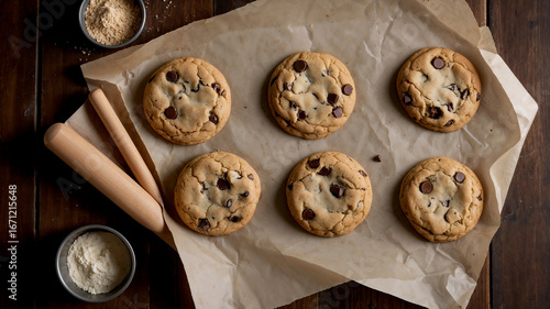 Overhead shot of six freshly baked chocolate chip cookies on parchment paper with baking tools. Delicious!