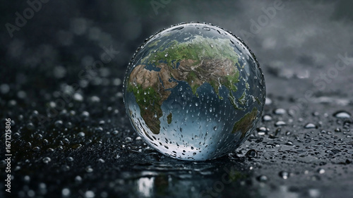 Water droplets on a glass globe depicting Earth.  Perfect for environmental themes.