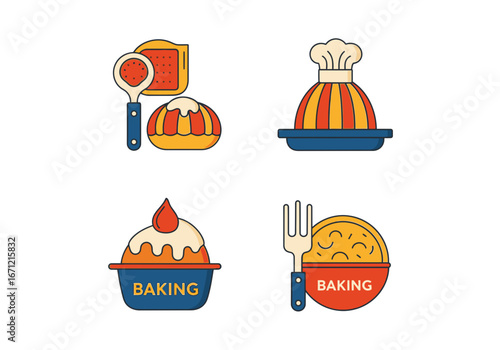 A collection of four colorful baking and dessert icons in a flat line art style, featuring jelly molds, cakes, and kitchen utensils.