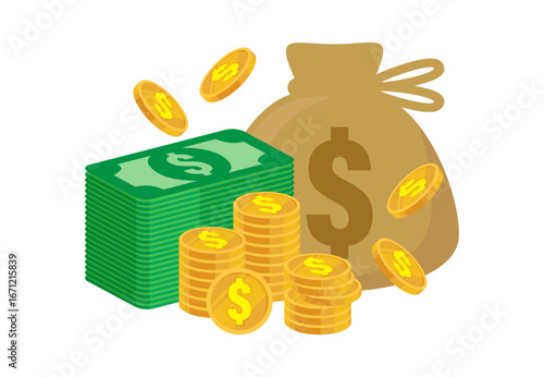 money, finance icon, pile of cash Illustration, gold coins, and a money bag representing wealth, finance, investment, business success, and financial growth