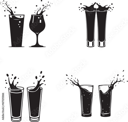 Drink and Glass Splash Icons – Beverage and Cocktail Vector Illustration