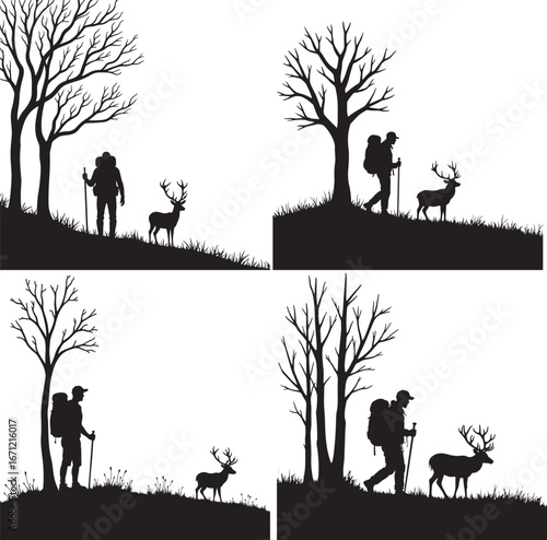 Hiker and deer silhouette vector scene – outdoor nature wildlife adventure illustration