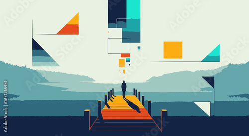 A lone figure on a pier gazes at a misty landscape as abstract geometric shapes float in the sky, representing data or thoughts.