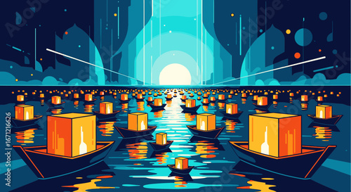 A mystical procession of glowing lantern boats sailing across the water towards a futuristic, radiant city skyline at night.