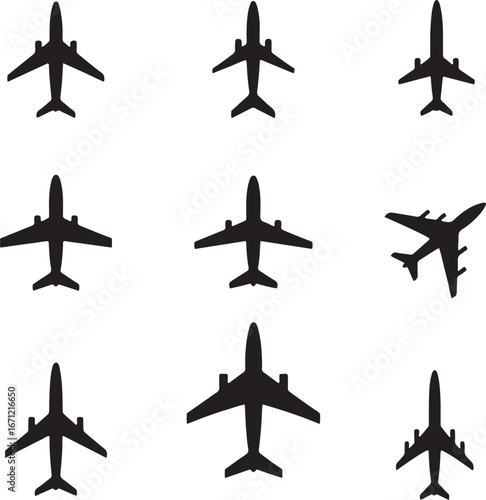 Airplane silhouette vector set – aviation and aircraft top view icons