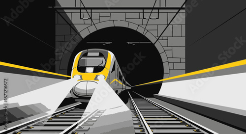 A modern high-speed train with bright headlights emerges from a dark stone tunnel in a graphic illustration.